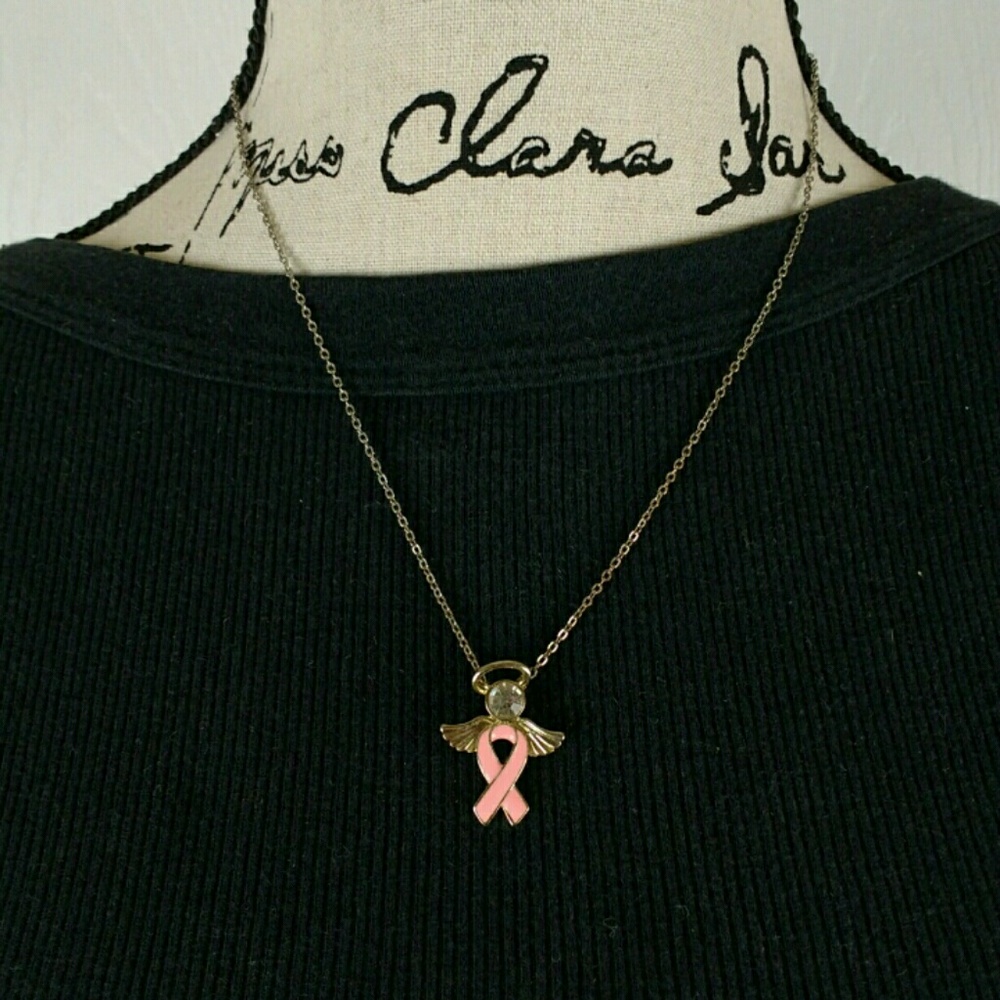 Pink ribbon breast cancer angel necklace, 19" long